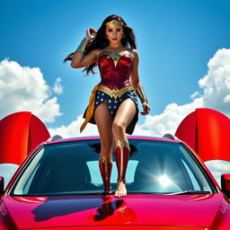 An empowering image featuring a woman interpreting Wonder Woman as depicted by Gal Gadot, standing barefoot on the gleaming roof of a striking red Mazda CX-3