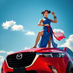 An imaginative image featuring Chun-Li, interpreted in a unique and creative way, standing barefoot on the roof of a vibrant red Mazda CX-3