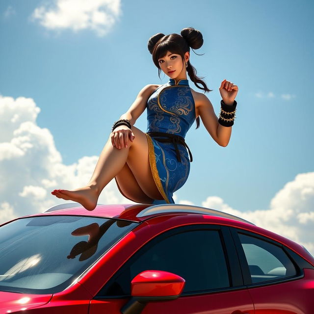 An imaginative image featuring Chun-Li, interpreted in a unique and creative way, standing barefoot on the roof of a vibrant red Mazda CX-3