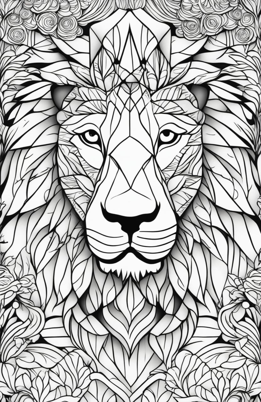 Adult coloring book page featuring a geometrically designed lion in a minimalist landscape.