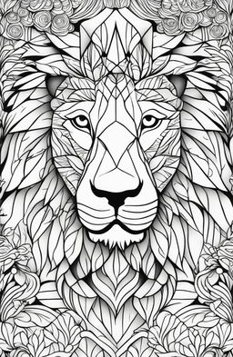 Adult coloring book page featuring a geometrically designed lion in a minimalist landscape.