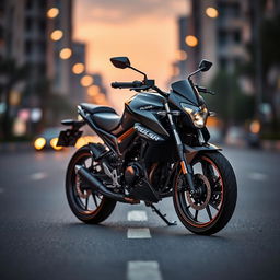 A striking image of the Pulsar RS 200 motorcycle, featuring a jet black finish with sleek carbon fiber coverset, showcasing its sporty and aggressive design