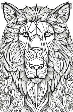 Adult coloring book page featuring a geometrically designed lion in a minimalist landscape.