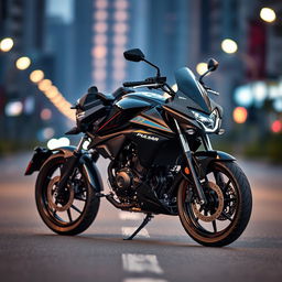 A striking image of the Pulsar RS 200 motorcycle, featuring a jet black finish with sleek carbon fiber coverset, showcasing its sporty and aggressive design