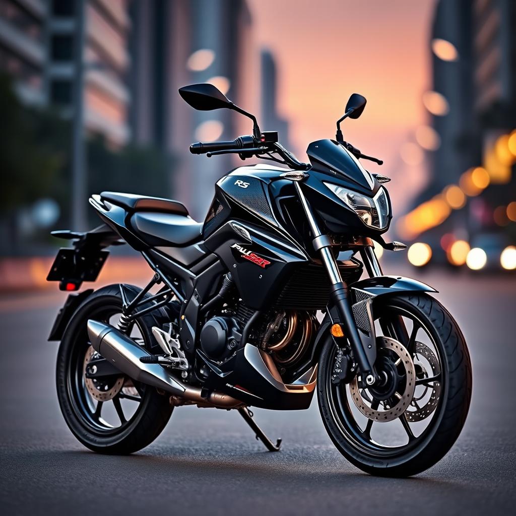 A striking image of the Pulsar RS 200 motorcycle, featuring a jet black finish with sleek carbon fiber coverset, showcasing its sporty and aggressive design