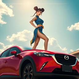 An artistic interpretation of Chun-Li, featuring her iconic style with a bold twist, standing barefoot on the roof of a shiny red Mazda CX-3