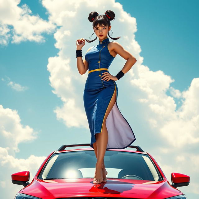 An artistic interpretation of Chun-Li, featuring her iconic style with a bold twist, standing barefoot on the roof of a shiny red Mazda CX-3