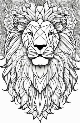 Adult coloring book page featuring a geometrically designed lion in a minimalist landscape.