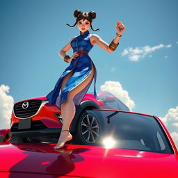 An imaginative artistic rendition featuring Chun-Li with a bold and playful twist, standing barefoot on the roof of a vibrant red Mazda CX-3