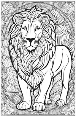 Adult coloring book page featuring a geometrically designed lion in a minimalist landscape.