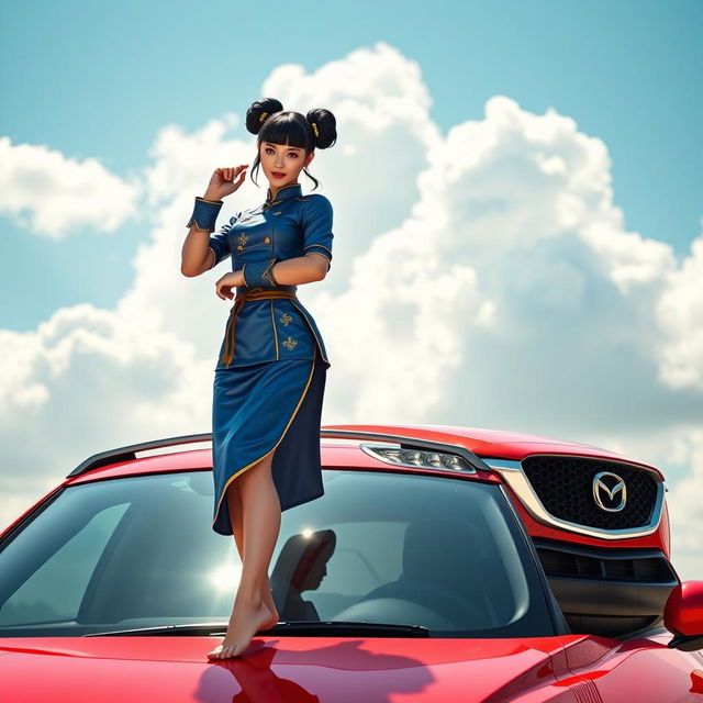 An imaginative artistic rendition featuring Chun-Li with a bold and playful twist, standing barefoot on the roof of a vibrant red Mazda CX-3