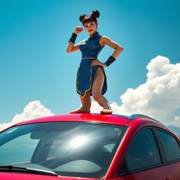 An imaginative artistic rendition featuring Chun-Li with a bold and playful twist, standing barefoot on the roof of a vibrant red Mazda CX-3