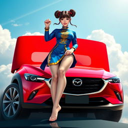 An imaginative artistic rendition featuring Chun-Li with a bold and playful twist, standing barefoot on the roof of a vibrant red Mazda CX-3