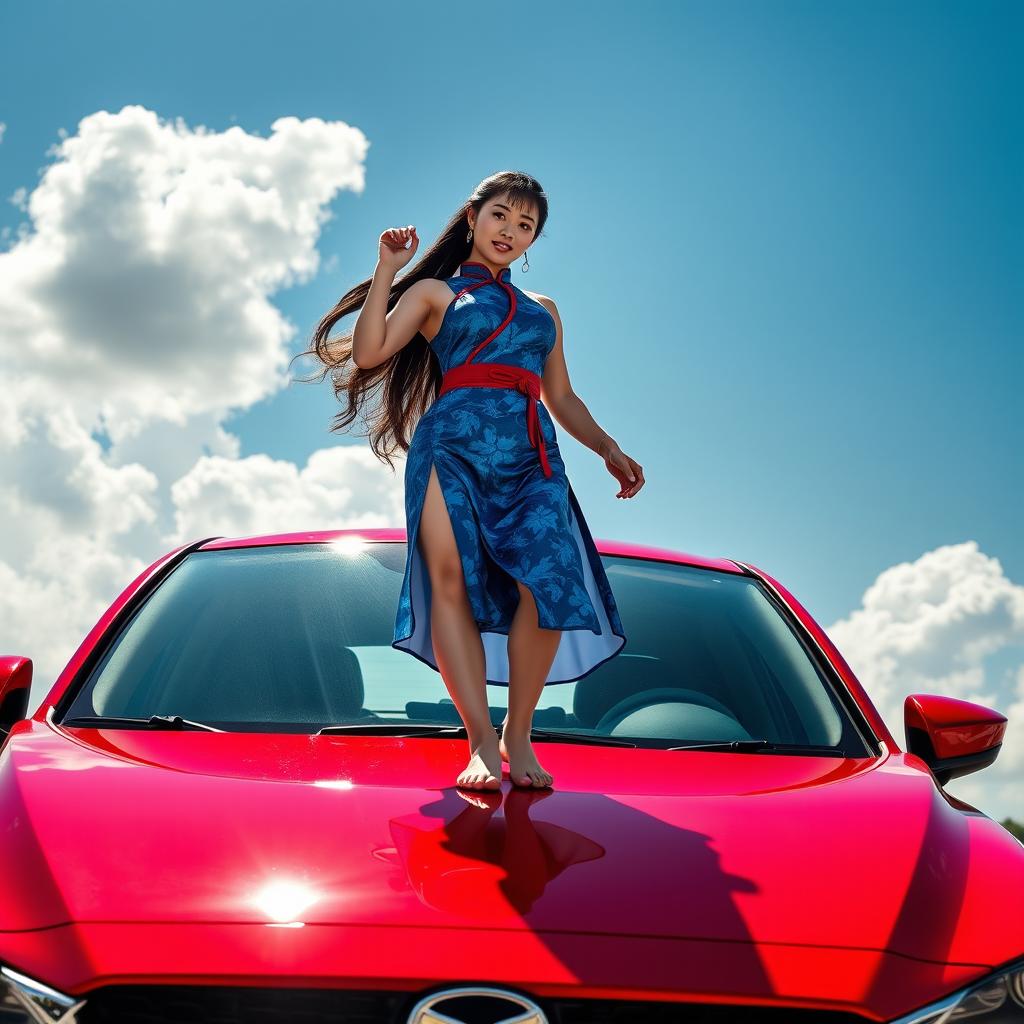 An imaginative and provocative scene featuring Chun-Li in a unique fantasy interpretation, standing barefoot on the shiny red roof of a Mazda CX-3