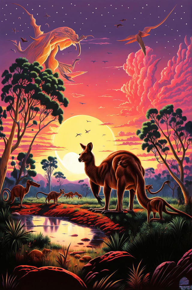 Digital art of Australian megafauna in their natural habitat during sunset