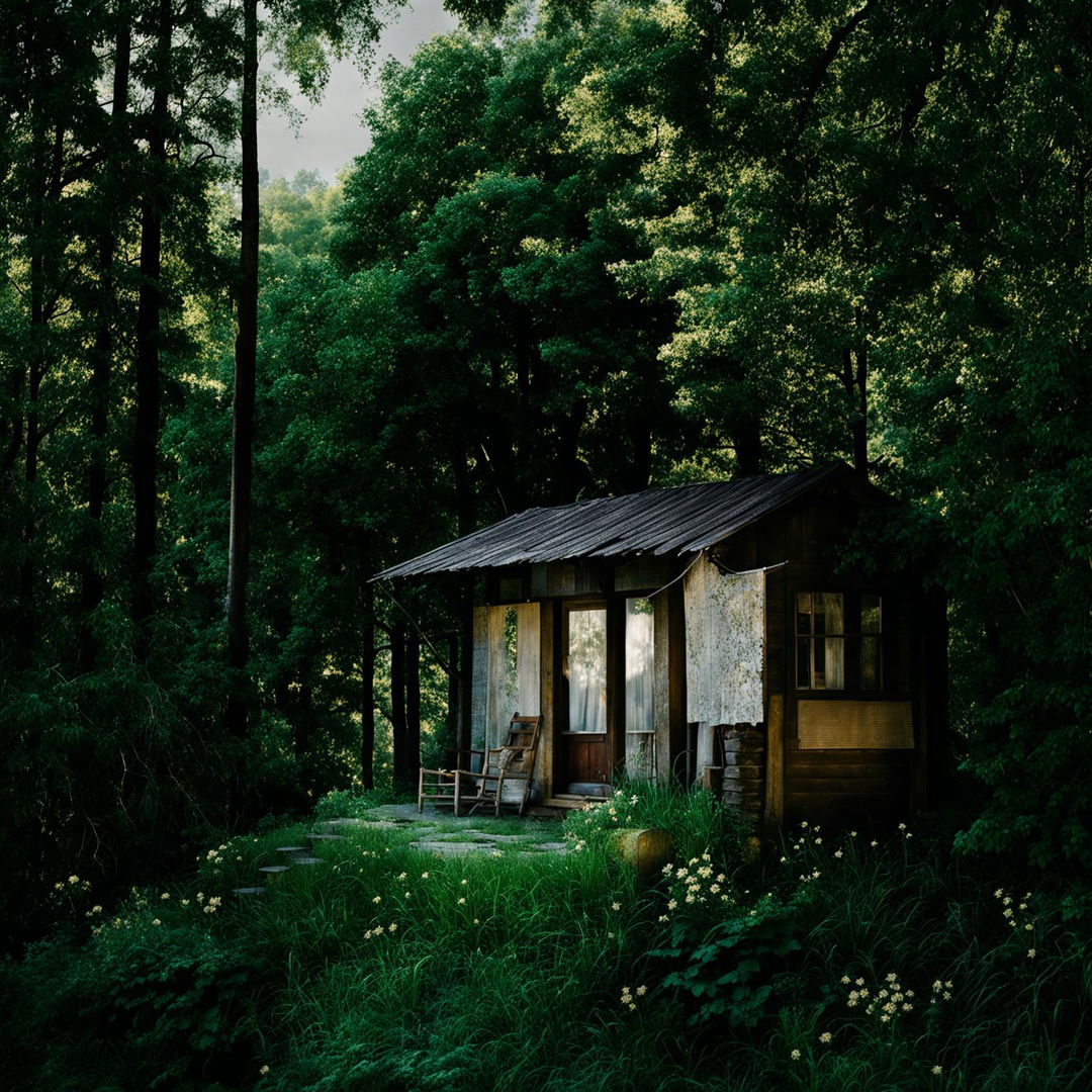 A rustic cabin nestled in a dense forest with rocking chairs on the porch, surrounded by tall trees and wildflowers