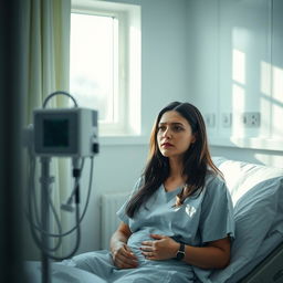 A solemn scene depicting a Russian woman in a hospital, preparing for an abortion