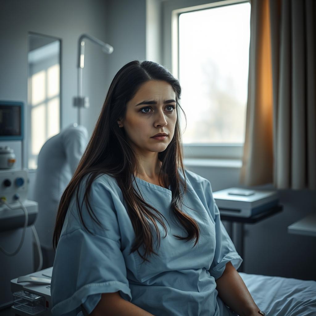 A solemn scene depicting a Russian woman in a hospital, preparing for an abortion