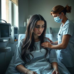 A solemn scene depicting a Russian woman in a hospital, preparing for an abortion
