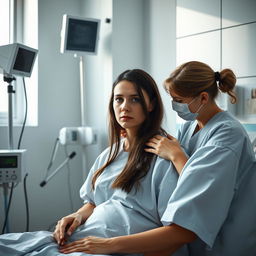 A solemn scene depicting a Russian woman in a hospital, preparing for an abortion