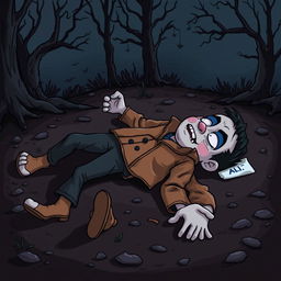 A cartoony horror scene depicting a dead body lying on the ground, with a distinct piece of clothing in its hand resembling Ali's jacket