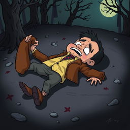 A cartoony horror scene depicting a dead body lying on the ground, with a distinct piece of clothing in its hand resembling Ali's jacket