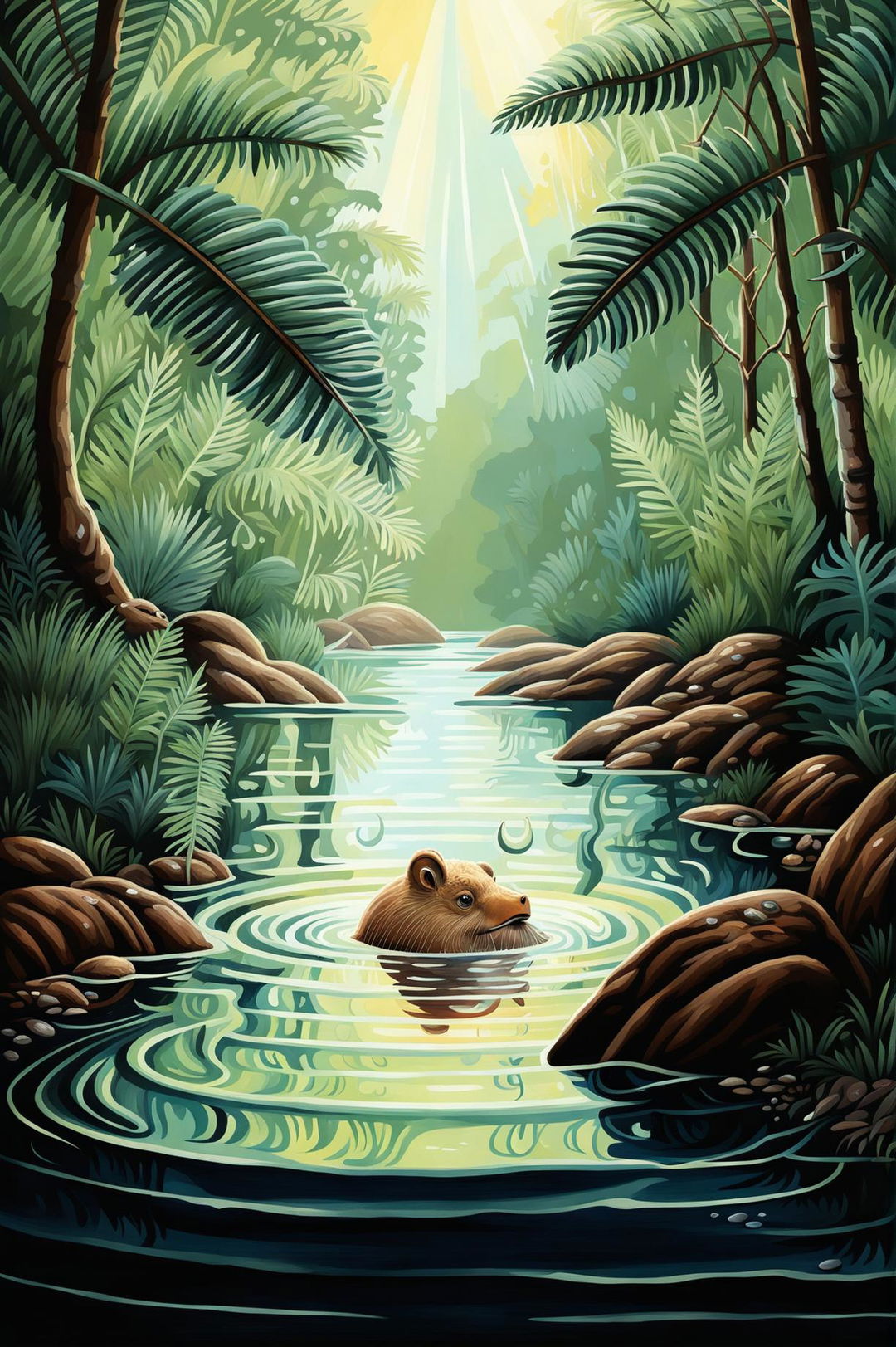 Digital art of a platypus paddling in an Australian creek, surrounded by lush vegetation and dappled sunlight.