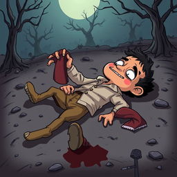 A cartoony horror scene depicting a dead body lying on the ground, with a distinct piece of clothing in its hand resembling Ali's jacket