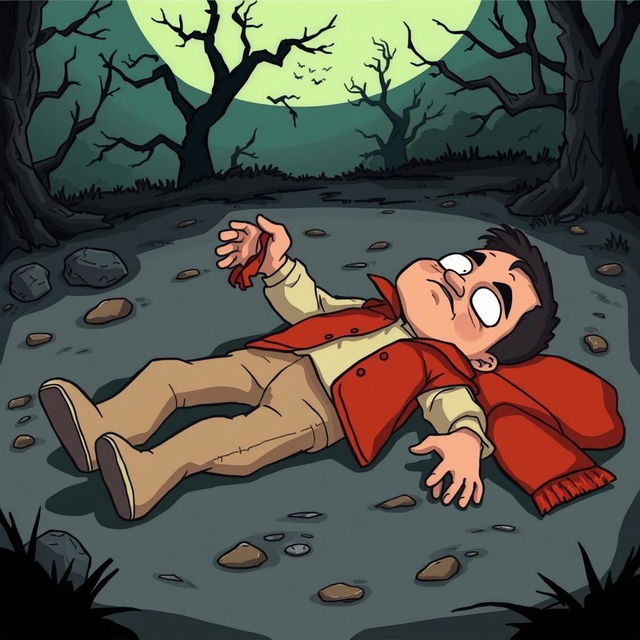 A cartoony horror scene depicting a dead body lying on the ground, with a distinct piece of clothing in its hand resembling Ali's jacket