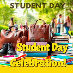 A vibrant and engaging poster design for a student day event featuring an assortment of stylish leather bags and shoes, stacked books, and colorful student stationery