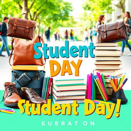 A vibrant and engaging poster design for a student day event featuring an assortment of stylish leather bags and shoes, stacked books, and colorful student stationery