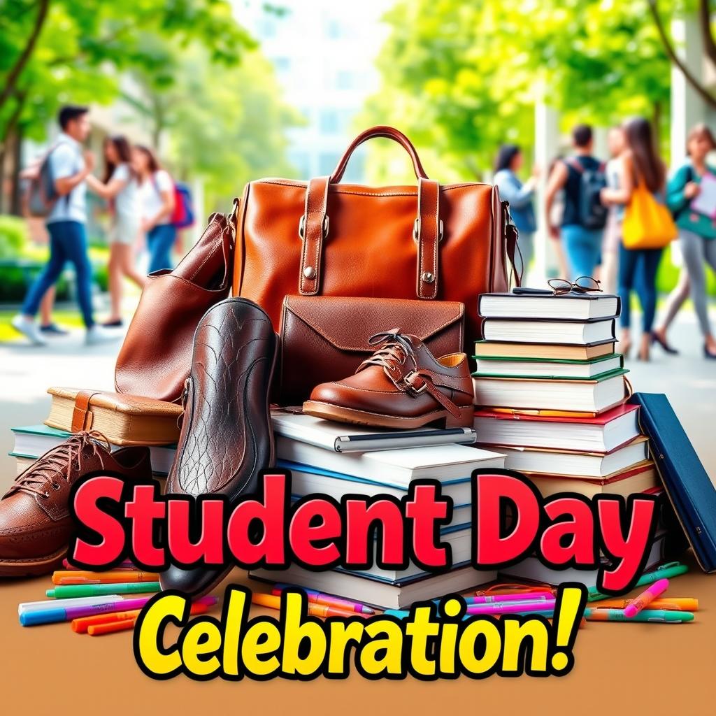 A vibrant and engaging poster design for a student day event featuring an assortment of stylish leather bags and shoes, stacked books, and colorful student stationery