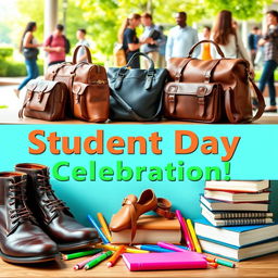 A vibrant and engaging poster design for a student day event featuring an assortment of stylish leather bags and shoes, stacked books, and colorful student stationery