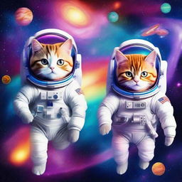 Astronaut cats floating in space with vibrant cosmic galaxies in the background