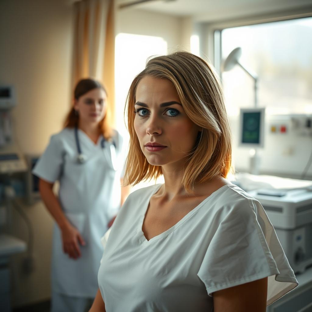 A poignant scene showing a Swiss woman in a hospital, preparing for an abortion