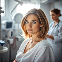 A poignant scene showing a Swiss woman in a hospital, preparing for an abortion