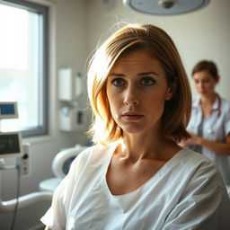 A poignant scene showing a Swiss woman in a hospital, preparing for an abortion