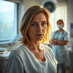 A poignant scene showing a Swiss woman in a hospital, preparing for an abortion