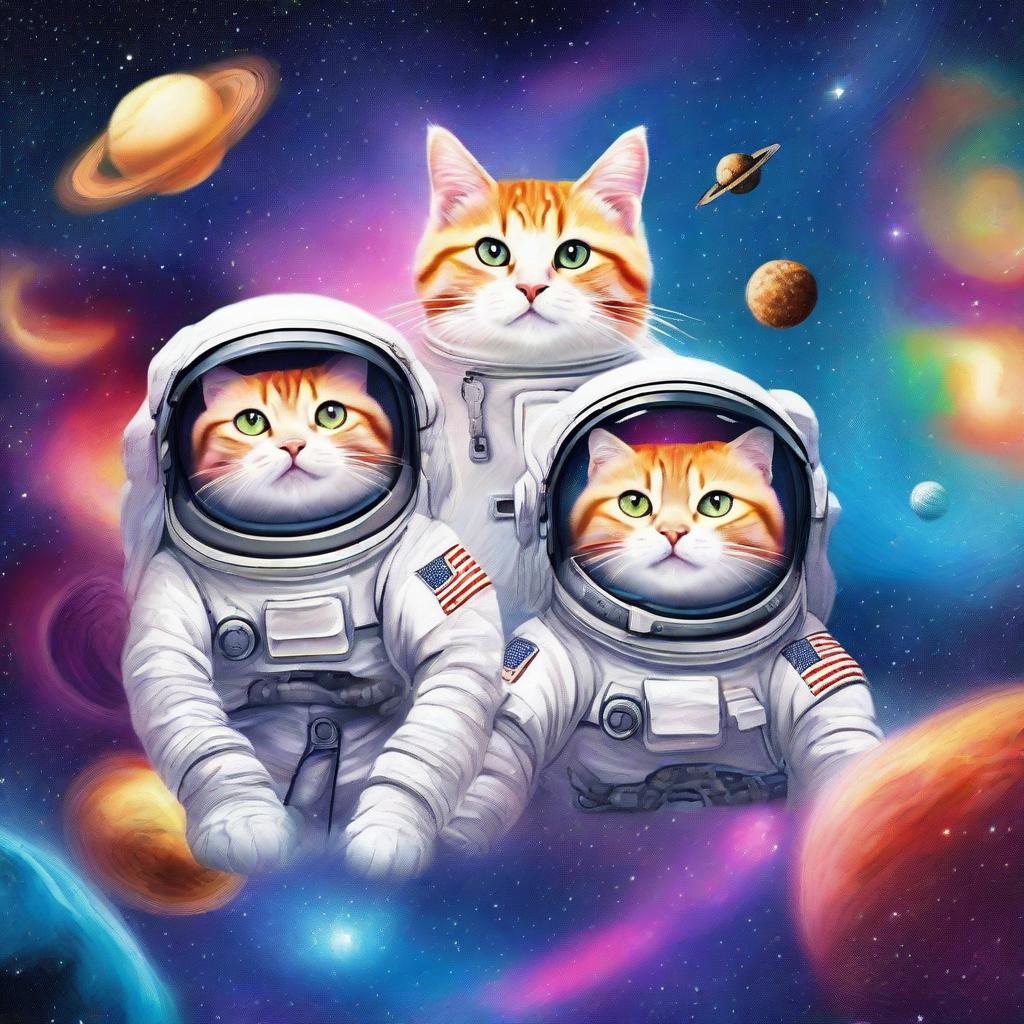 Astronaut cats floating in space with vibrant cosmic galaxies in the background