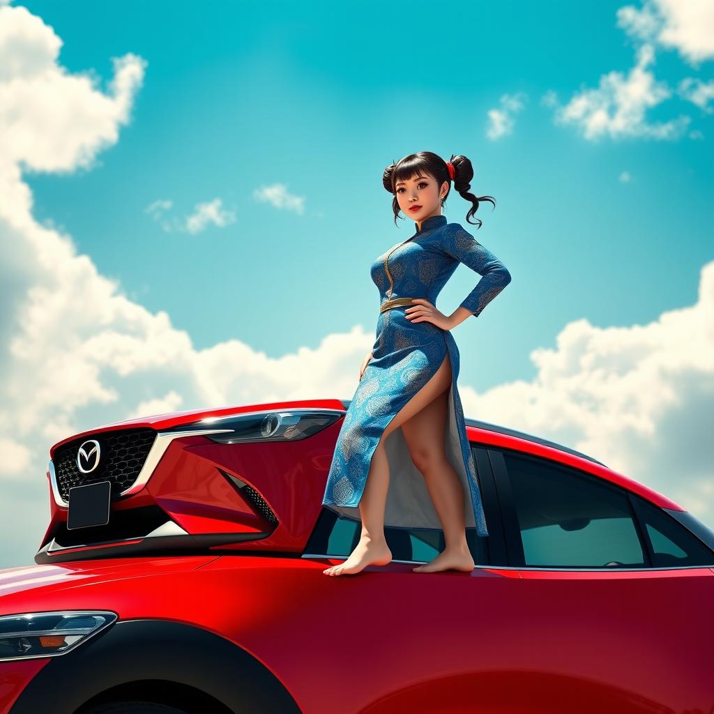 An artistic depiction of Chun-Li standing barefoot on the roof of a vibrant red Mazda CX-3