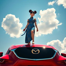 An artistic depiction of Chun-Li standing barefoot on the roof of a vibrant red Mazda CX-3