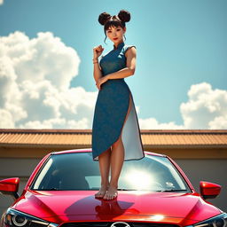 An artistic depiction of Chun-Li standing barefoot on the roof of a vibrant red Mazda CX-3