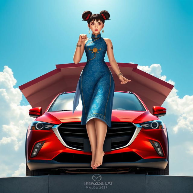 An artistic depiction of Chun-Li standing barefoot on the roof of a vibrant red Mazda CX-3