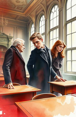 A stunning watercolor painting depicting a dramatic scene within a Sorbonne University classroom, where an intense murder is taking place