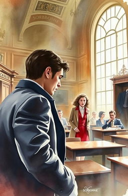 A stunning watercolor painting depicting a dramatic scene within a Sorbonne University classroom, where an intense murder is taking place