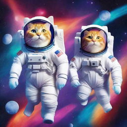 Astronaut cats floating in space with vibrant cosmic galaxies in the background