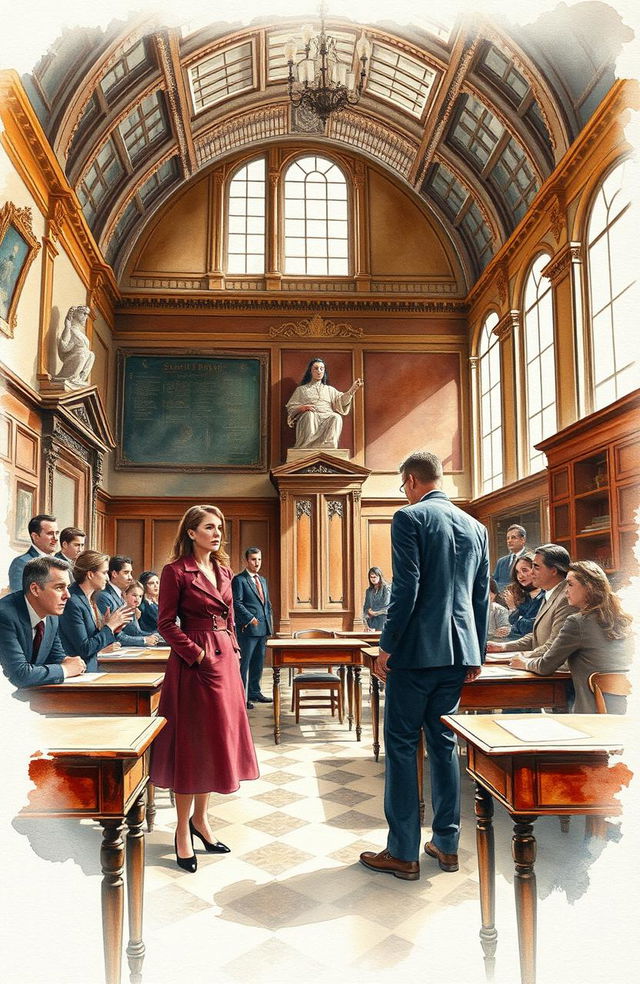 A stunning watercolor painting depicting a dramatic scene within a Sorbonne University classroom, where an intense murder is taking place