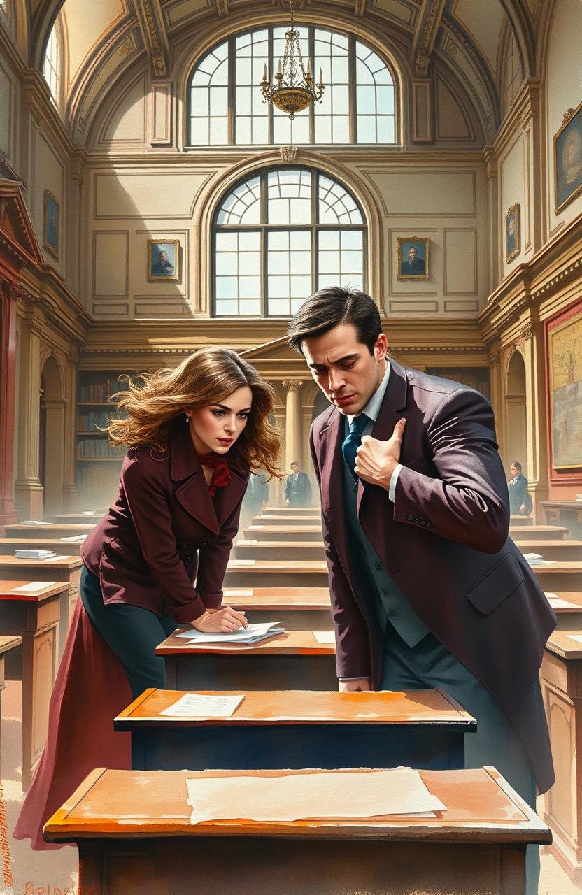 A stunning watercolor painting depicting a dramatic scene within a Sorbonne University classroom, where an intense murder is taking place