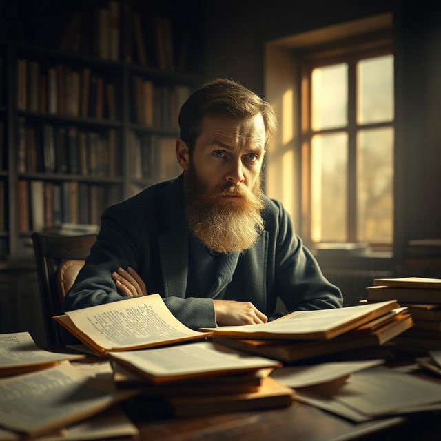 A serene and contemplative portrait of Fyodor Dostoevsky, the influential Russian novelist known for his deep psychological insight