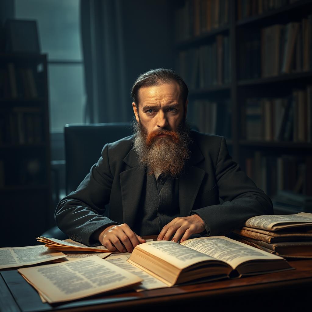 A serene and contemplative portrait of Fyodor Dostoevsky, the influential Russian novelist known for his deep psychological insight